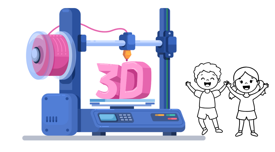 3D Druck Workshop für Kinder Ein blauer 3D-Drucker im Comic-Stil druckt das Wort 3D in rosa aus. Daneben, im Stil einer Bleistiftzeichnung, tanzen ein Junge und ein Mädchen und lachen.