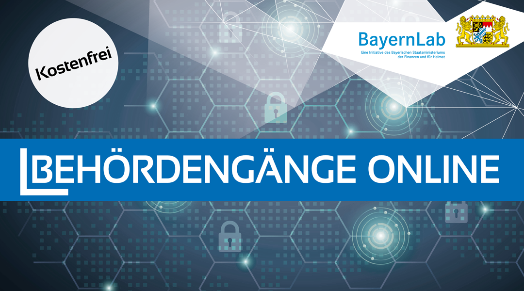 Behördengänge Online In einem hellgrauen Wabenmuster sind Vorhängeschlösser und Kreise zu sehen. Davor ein blauer Balken mit dem weißen Schriftzug