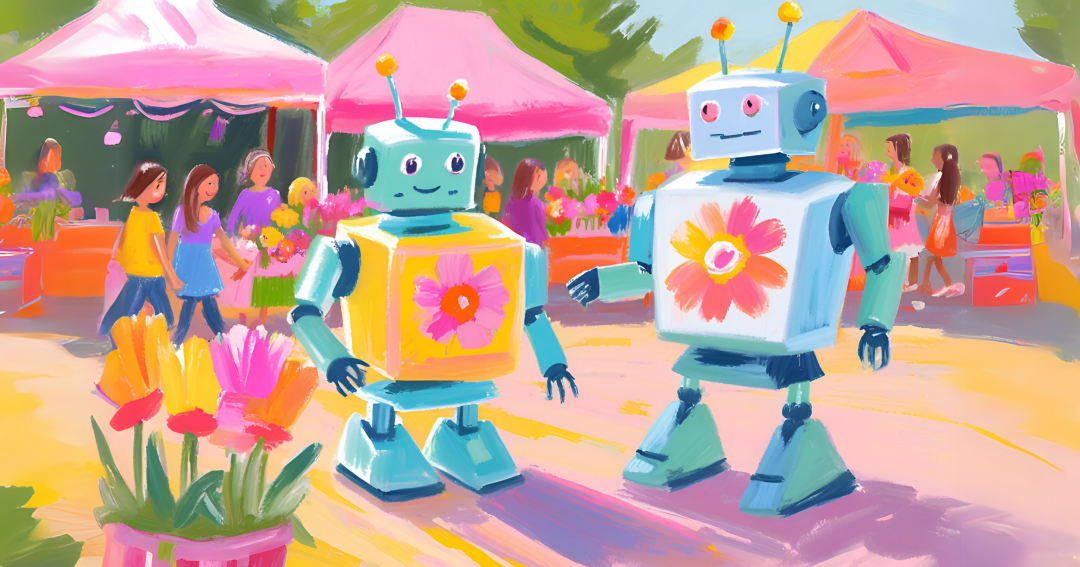 Ostermarkt2025 Zwei Roboter besuchen einen Ostermarkt.